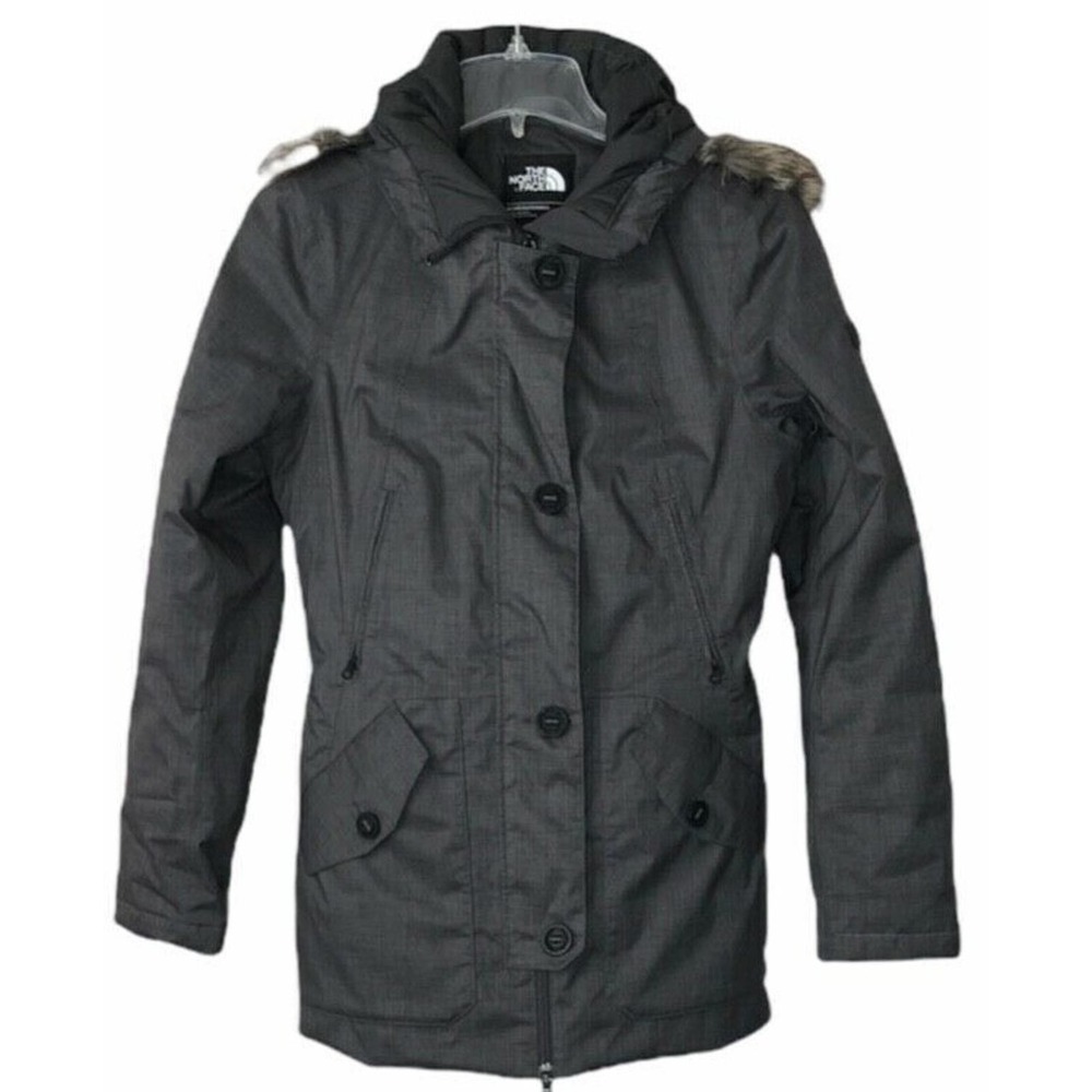 The North Face Womens down Parka Coat XS Dark gray removable fur on hood‎